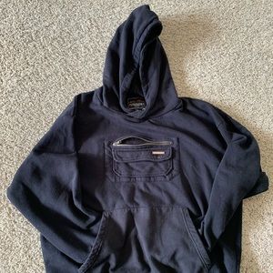 Black hoodie with a farmer pocket.